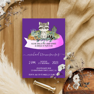 Invitation Raccoon animal violet Baby shower tropical