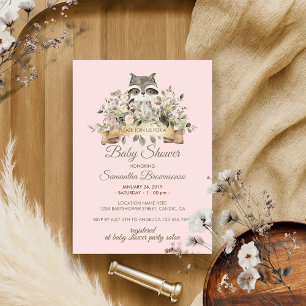 Invitation Raccoon Baby shower botanique rose