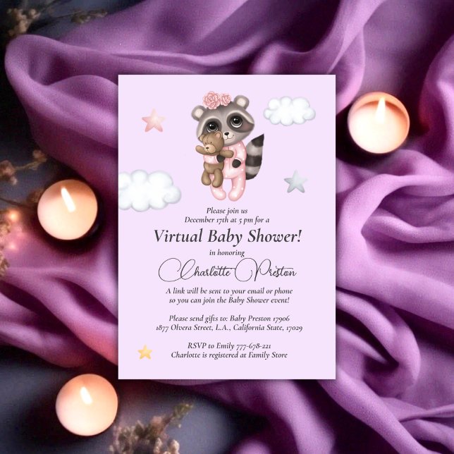 Invitation Raccoon Baby shower Lavender Virtual (Gentle Raccoon Animal Girl Baby Shower Virtual Invitation)