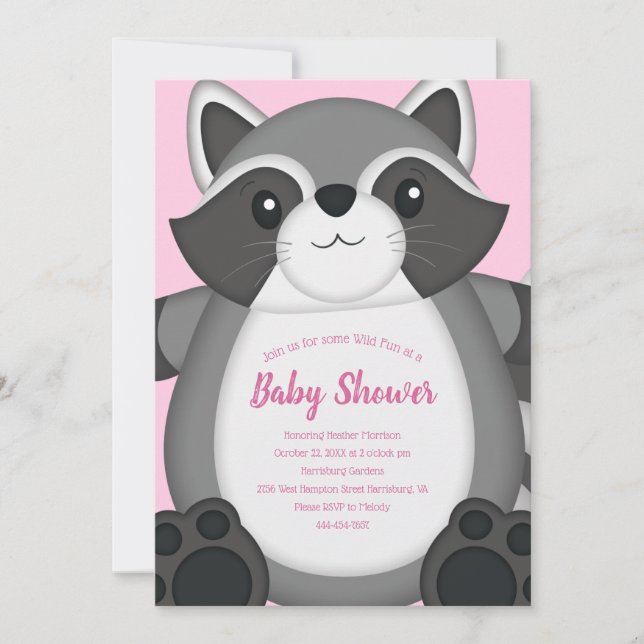 Invitation Raccoon Baby shower rose (Devant)