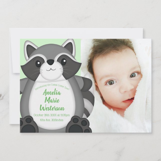 Invitation Raccoon Baby shower Woodland (Devant)