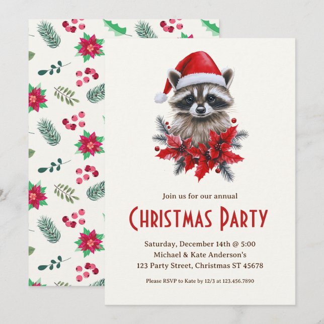 Invitation Raccoon dans le Santa Hat Poinsettias fête de Noël (Devant / Derrière)