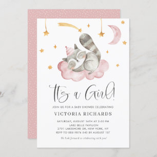 Invitation Raccoon dormant rose C'est un Baby shower de fille