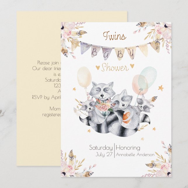 Invitation Raccoon Famille Twins Boho Baby shower (Devant / Derrière)