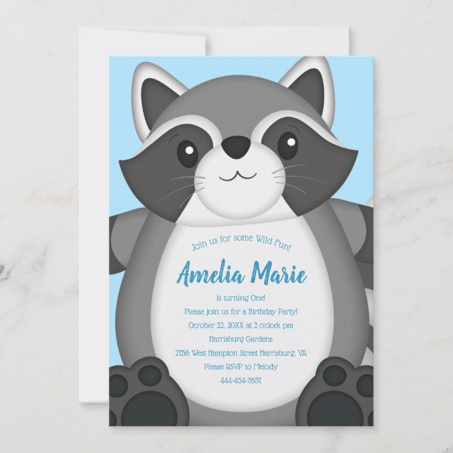Invitation Raccoon fête d'anniversaire bleu (Devant)