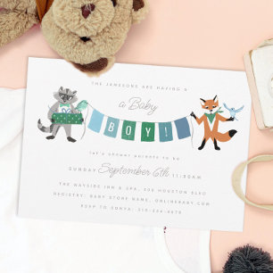 Invitation Raccoon Fox Forest Friends Boy Blue Baby shower
