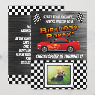Invitation Race Car À damiers Drapeau Photo Boys Anniversaire