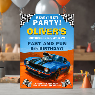 Invitation Race Car Anniversaire de fête avec Bleu Hot Rod
