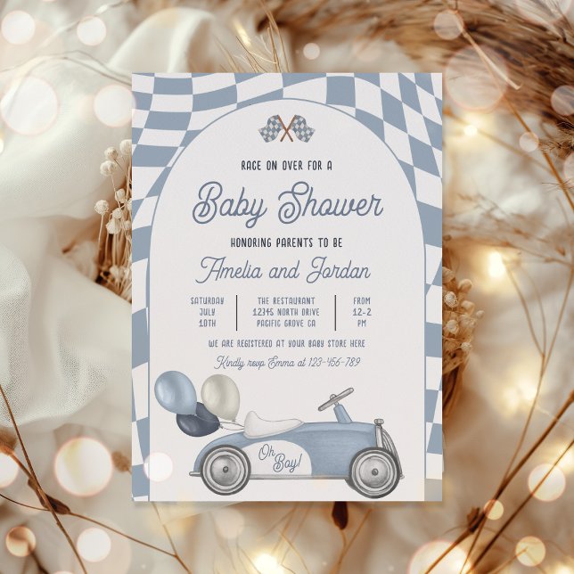 Invitation Race Car Baby shower Garçon Blue Race Voiture Douc (Créateur téléchargé)