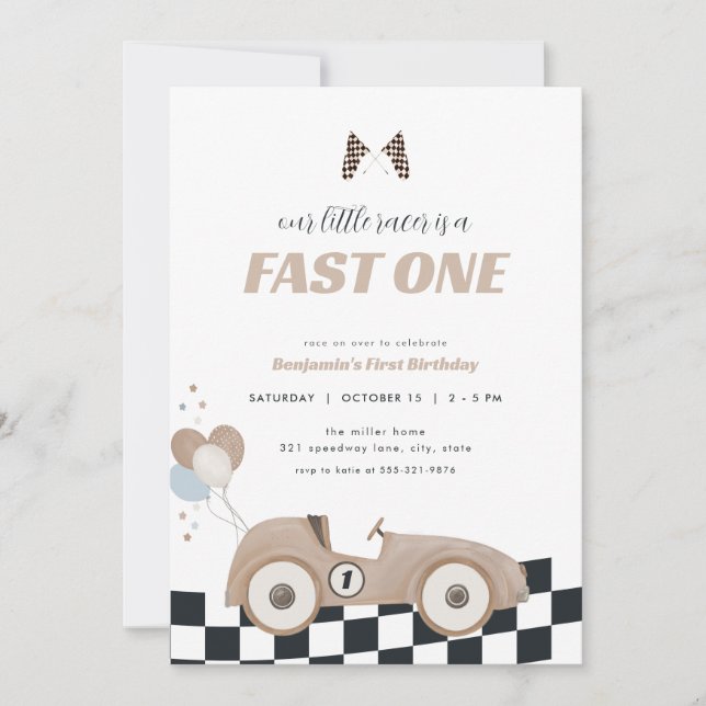 Invitation Race Car Beige Fast One First Birthday Invite  (Devant)