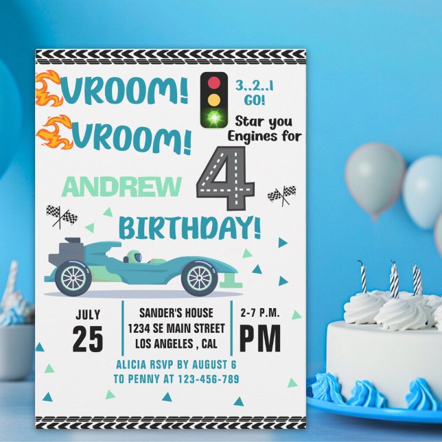 Invitation Race Car Birthday 4th - Boys Racin party (Créateur téléchargé)
