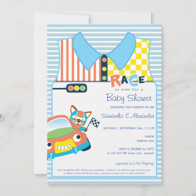 Invitation Race Car Boy Blue Fox Race Car Driver Baby shower (Devant)