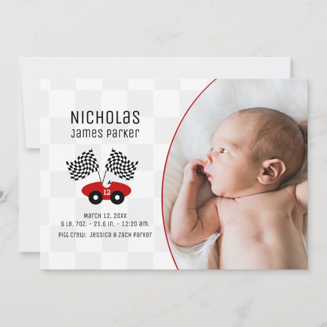 Invitation Race Car Checker Drapeau Naissance avec photo (Devant)