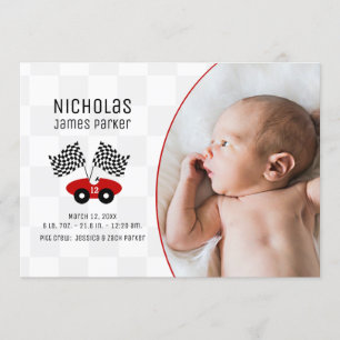 Invitation Race Car Checker Drapeau Naissance avec photo