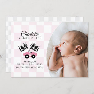 Invitation Race Car Checker Drapeau Naissance avec Photo Rose