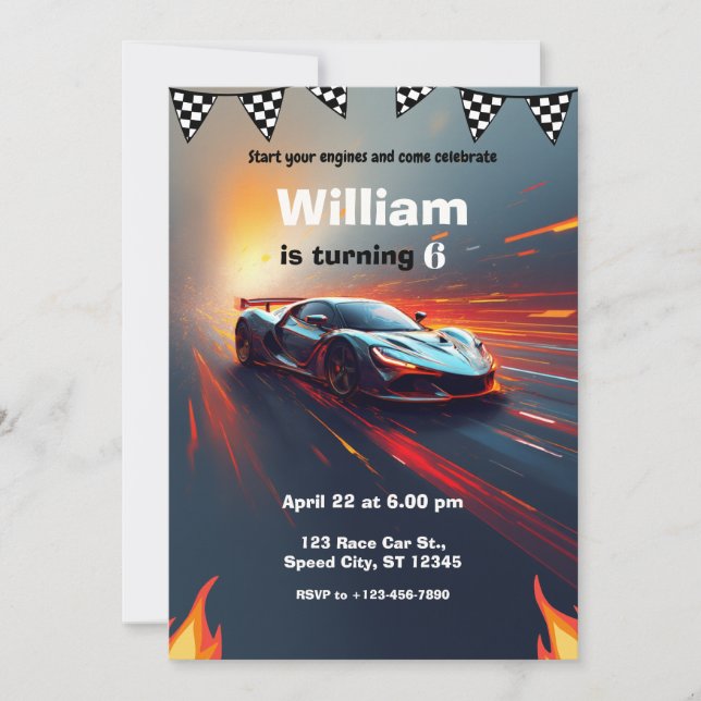 Invitation Race Car Flames Rally Birthday Party (Devant)