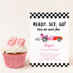Invitation Race Car Girl Ready Set Go Birthday Party<br><div class="desc">Cute race car theme girl's birthday invitation featuring illustration of a pink vintage car with flames. "Ready,  set,  go ! race on over"</div>