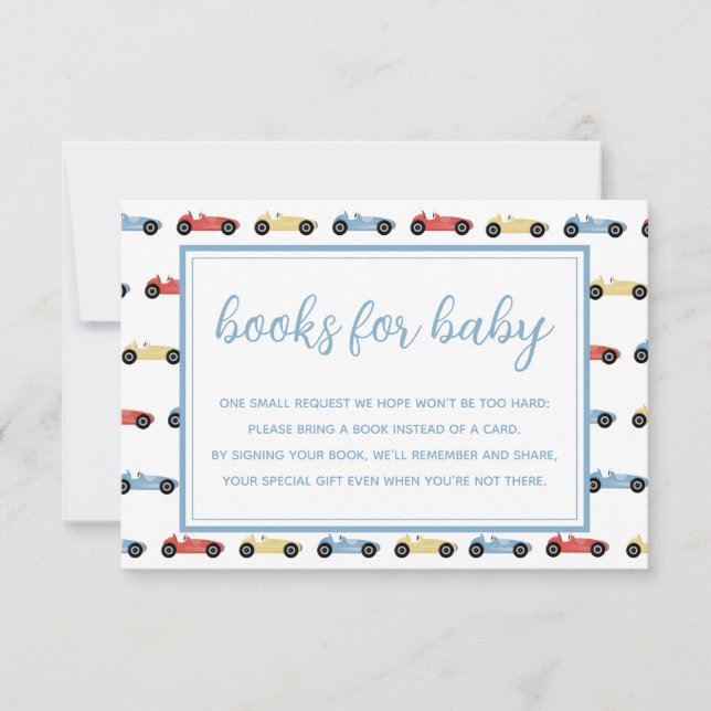 Invitation Race Cars Blue Boy Baby Shower Books For Baby Card (Devant)
