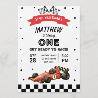 Invitation Racecar First Birthday Retro Watercolor