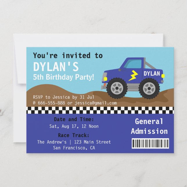 Invitation Racing Blue Monster Truck Party, billet d'entrée (Devant)