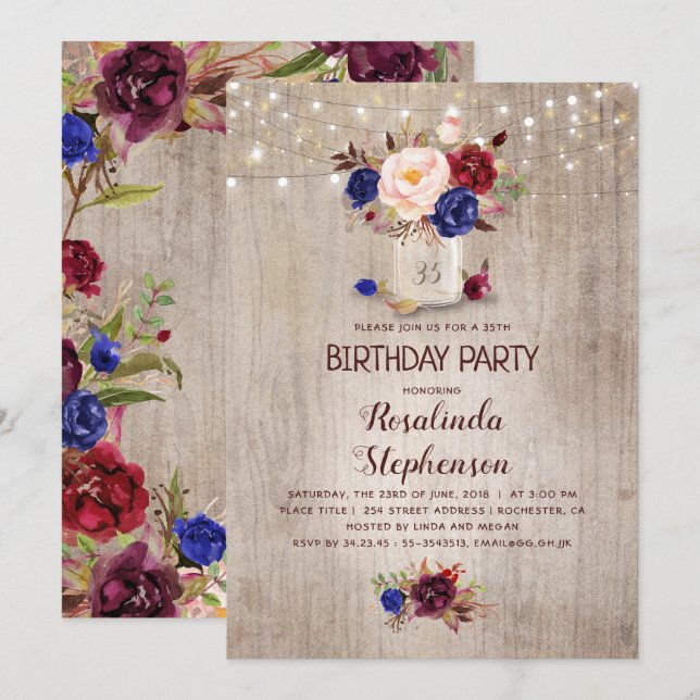 Invitation Radial Floral Mason Jar Rustique Anniversaire (Devant / Derrière)