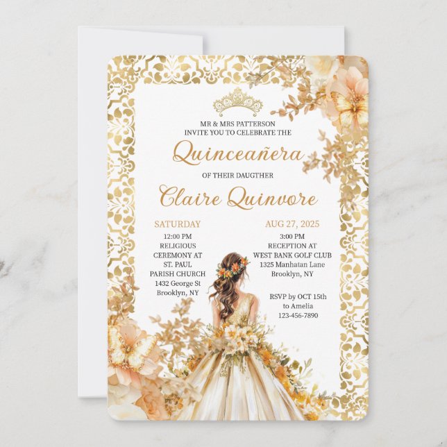 Invitation Radiant Bloom Floral Princess Gold Quinceanera Inv (Devant)
