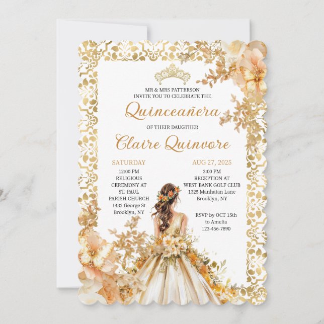 Invitation Radiant Bloom Floral Princess Gold Quinceanera Inv (Devant)
