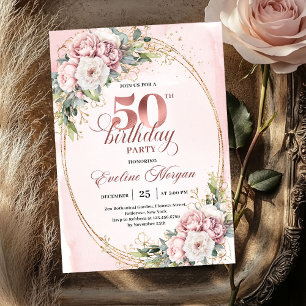 Invitation Radiant Rose Gold Blush Floral 50e Anniversaire