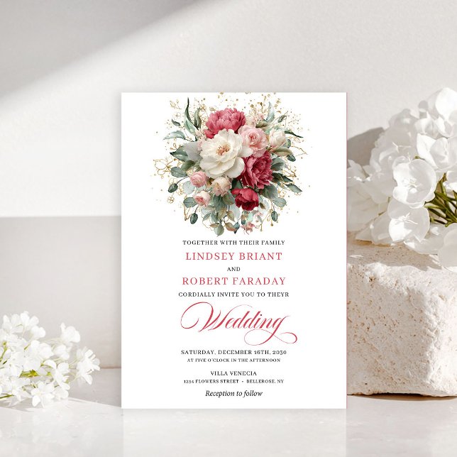 Invitation raffinée bohème rouge blanc floral verd (Refined Bohemian Red White Floral Greenery Invitation)