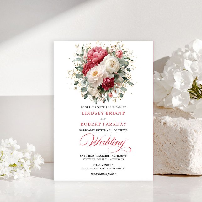 Invitation raffinée de Bohême rouge rubis or blanc (Refined Bohemian Ruby Red White Gold Invitation)