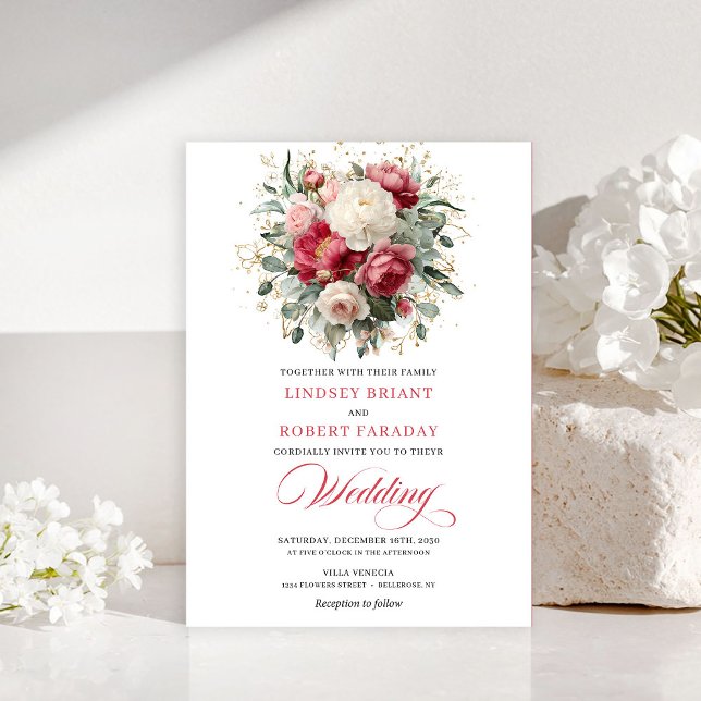Invitation raffinée de couleur rubis rouge et or b (Glam Boho Crimson Red Blush Floral Greenery Invite)