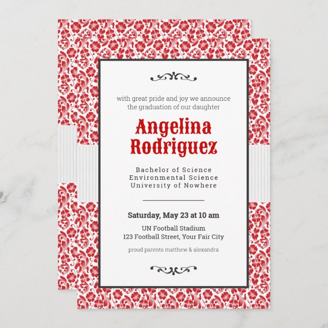 Invitation Raider Red Floral Damask Photo Graduation (Devant / Derrière)