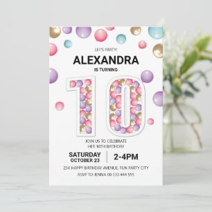 Invitation Rainbow 10th Birthday Party, fille rose en ballon