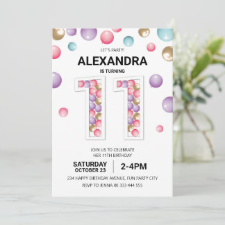 Invitation Rainbow 11th Birthday Party, fille en ballon rose