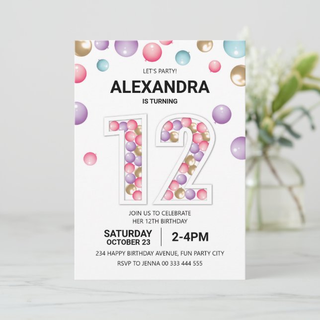 Invitation Rainbow 12th Birthday Party, fille en ballon rose (Debout devant)