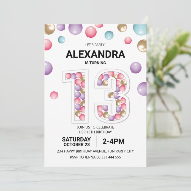 Invitation Rainbow 13th Birthday Party, fille en ballon rose (Debout devant)