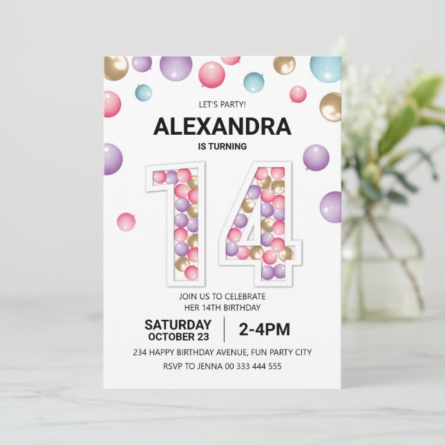 Invitation Rainbow 14th Birthday Party, Fille Balloon Rose (Debout devant)