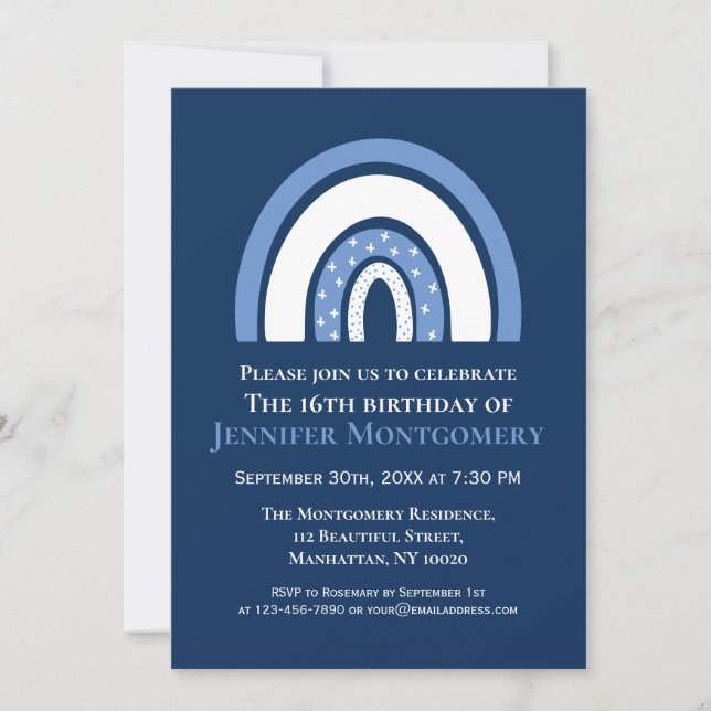 Invitation Rainbow 16th Birthday Party Blanc et bleu (Devant)