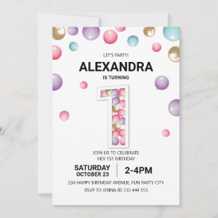 Invitation Rainbow 1er Anniversaire, Fille Balloon Rose
