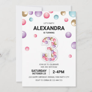 Invitation Rainbow 3e fête d'anniversaire, fille en ballons r