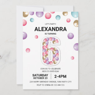 Invitation Rainbow 6th Birthday Party, fille en ballon rose