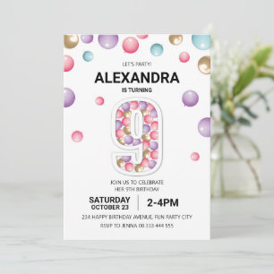 Invitation Rainbow 9th Birthday Party, fille en ballon rose