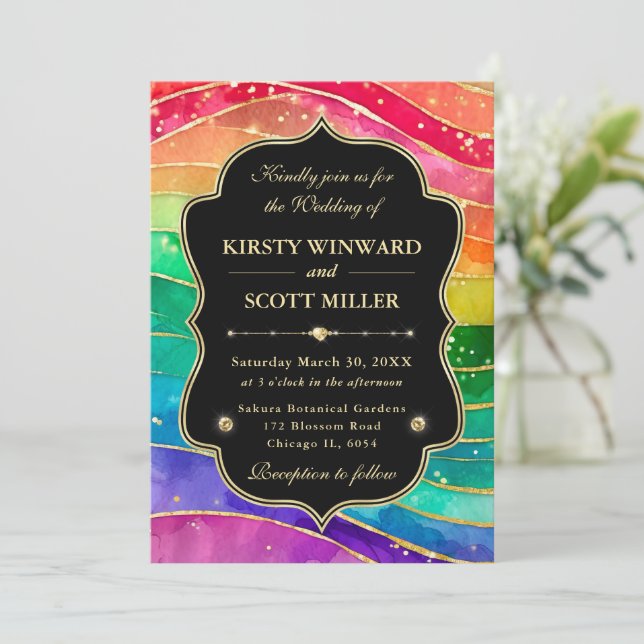 Invitation Rainbow Alcohol Ink Gold Glitter Wedding (Debout devant)