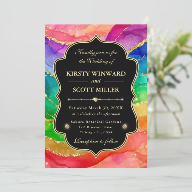 Invitation Rainbow Alcohol Ink Gold Glitter Wedding (Debout devant)