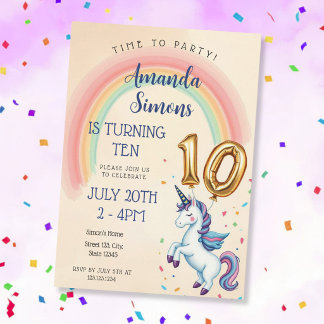 Invitation Rainbow Arch Unicorn Confetti Girl 10th Birthday