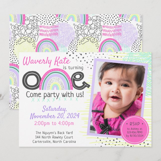 Invitation Rainbow Baby 1er anniversaire Kawaii Doodles Photo (Devant / Derrière)