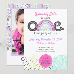Invitation Rainbow Baby Girl 1er anniversaire Kawaii Doodle P