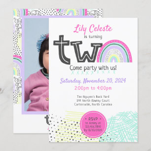 Invitation Rainbow Baby Girl 2e anniversaire Kawaii Doodle Ph