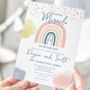 Invitation Rainbow Baby Pastel Clouds Boho Raindrops Douche