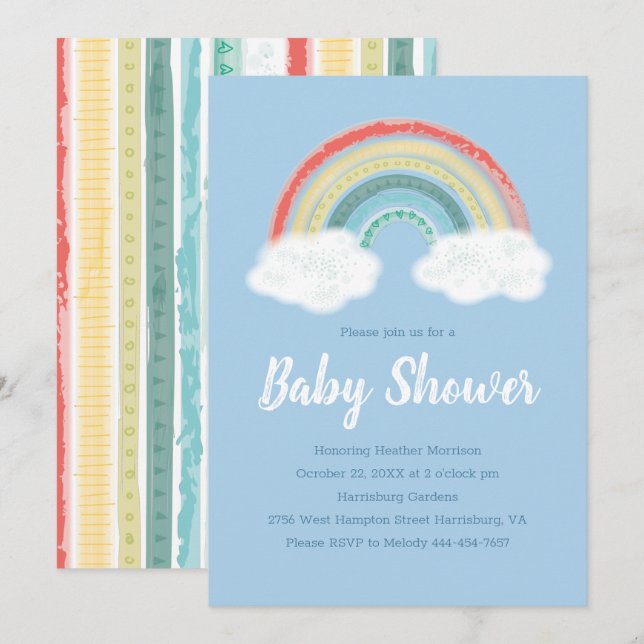 Invitation Rainbow Baby shower Blue Boy (Devant / Derrière)